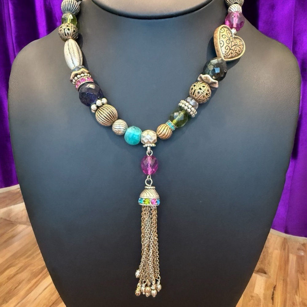 Chico’s multi bead multi color heart charm tassel necklace unique